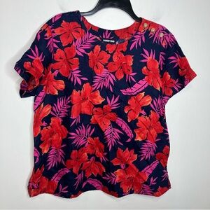 Lands’ End bright Hawaiian print shirt 100% linen‎ women’s size large blue pink